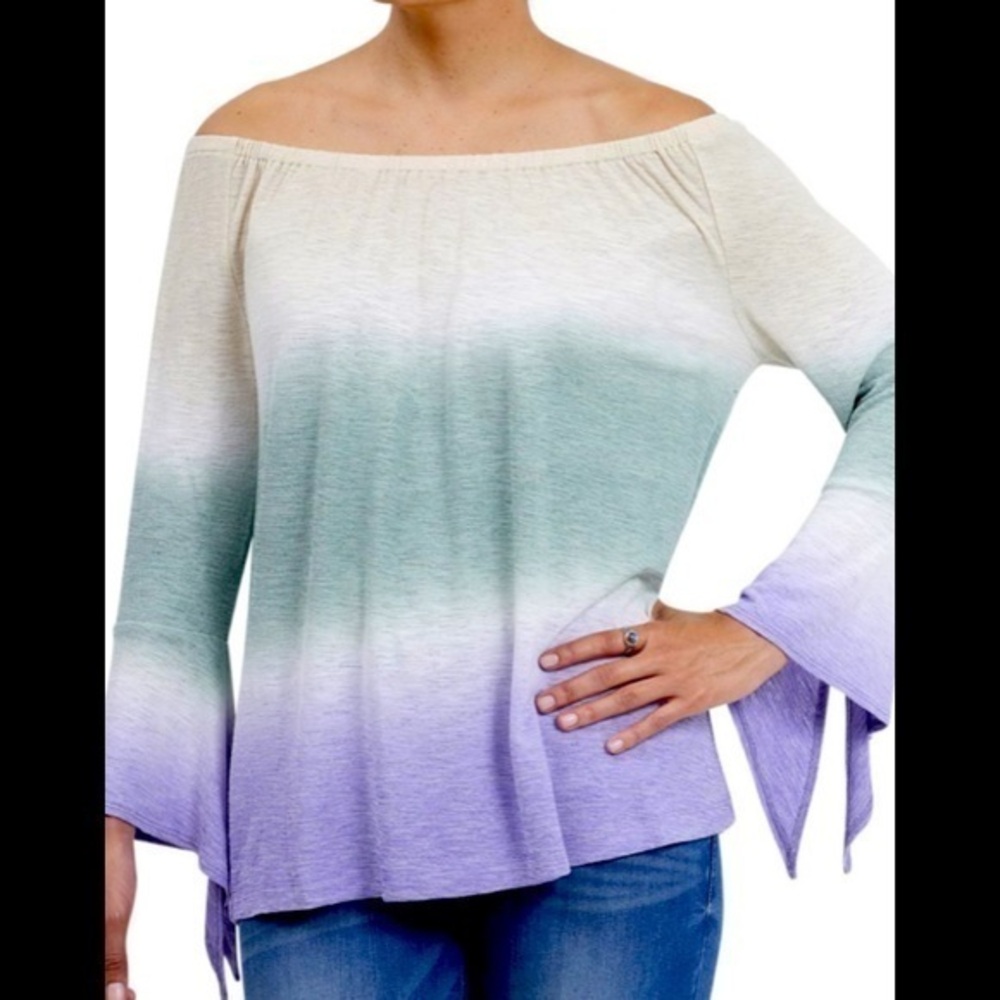 Off The Sholder Top with Slit Long Sleeve Multicolor Size Medium